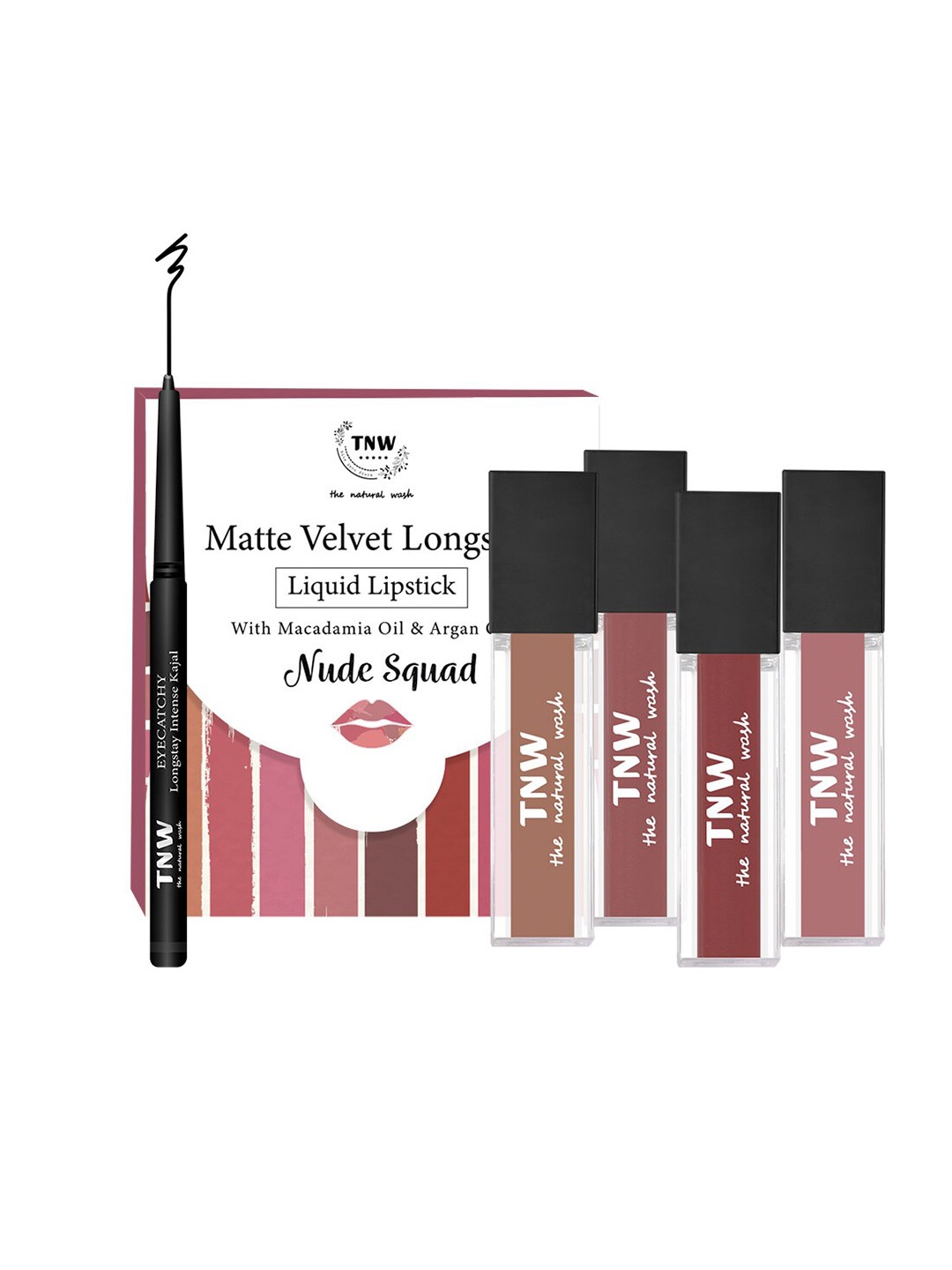 

TNW the natural wash Eye catchy Intense Kajal & Nude Squad Matte Velvet Liquid Lipsticks, Black