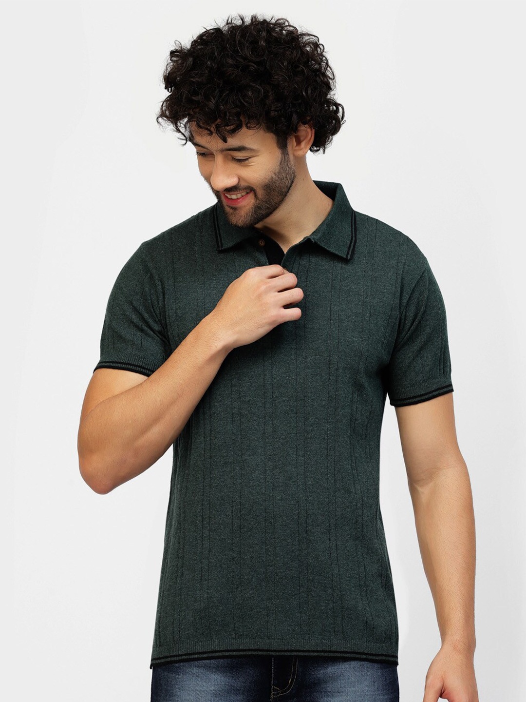 

Kalt Self Design Polo Collar Cotton T-shirt, Green