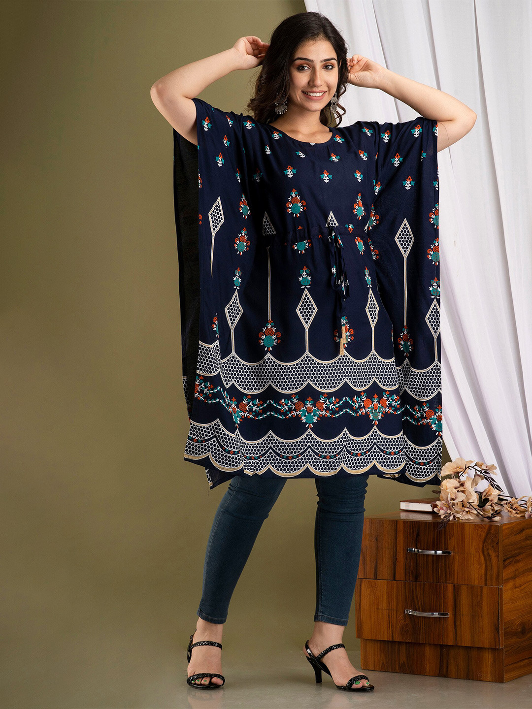

Mialo fashion Ethnic Motifs Printed Flared Sleeves Kaftan Kurti, Navy blue