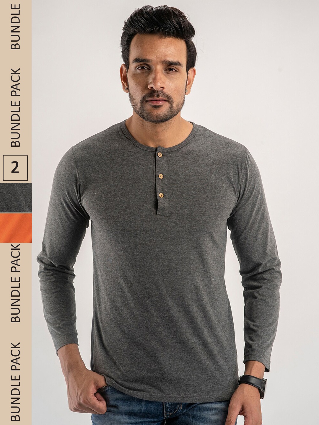 

FERANOID Pack Of 2 Henley Neck Long Sleeves Bio Finish Cotton T-shirt, Rust