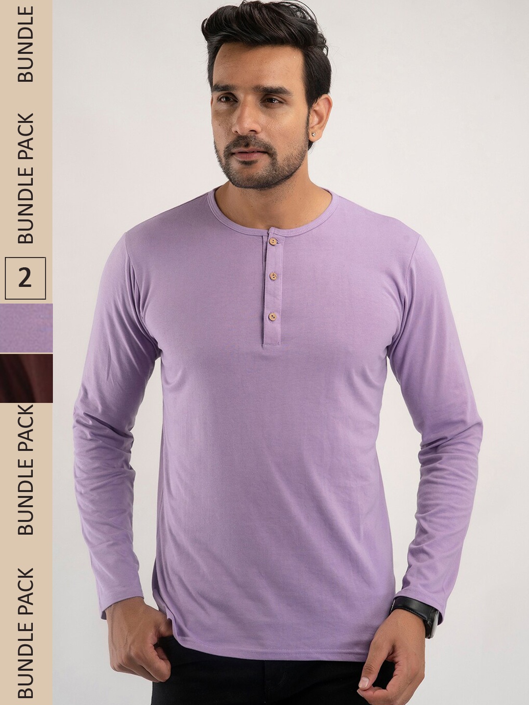 

FERANOID Pack Of 2 Henley Neck Bio Finish Cotton T-shirts, Purple