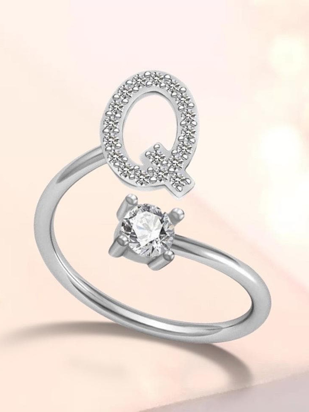 

MYKI Silver-Plated Cubic Zirconia-Studded Q Letter Ring