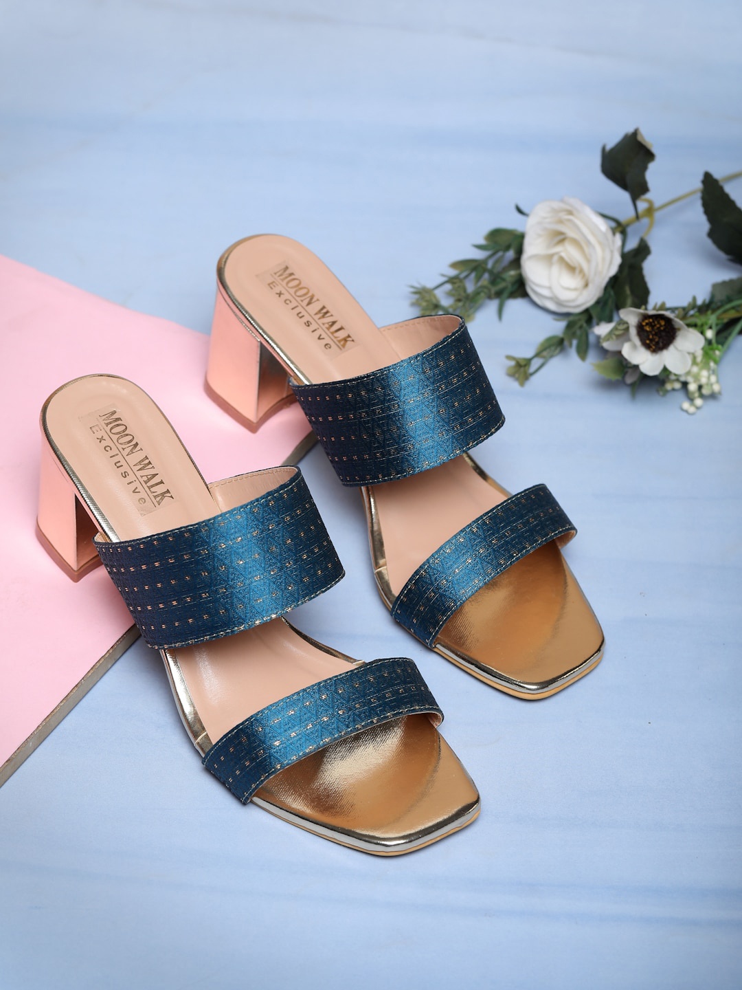 

Moonwalk Woven Design Open Toe Block Heels, Blue