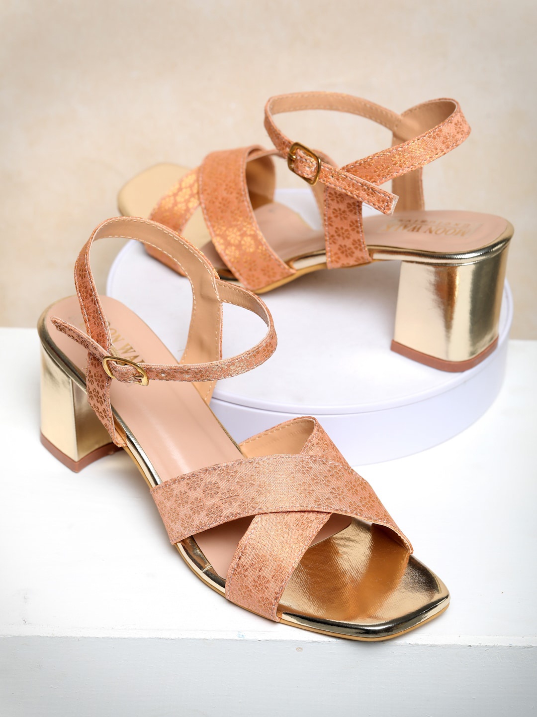 

Moonwalk Cross Strap Woven Design Open Toe Block Heels With Backstrap, Tan