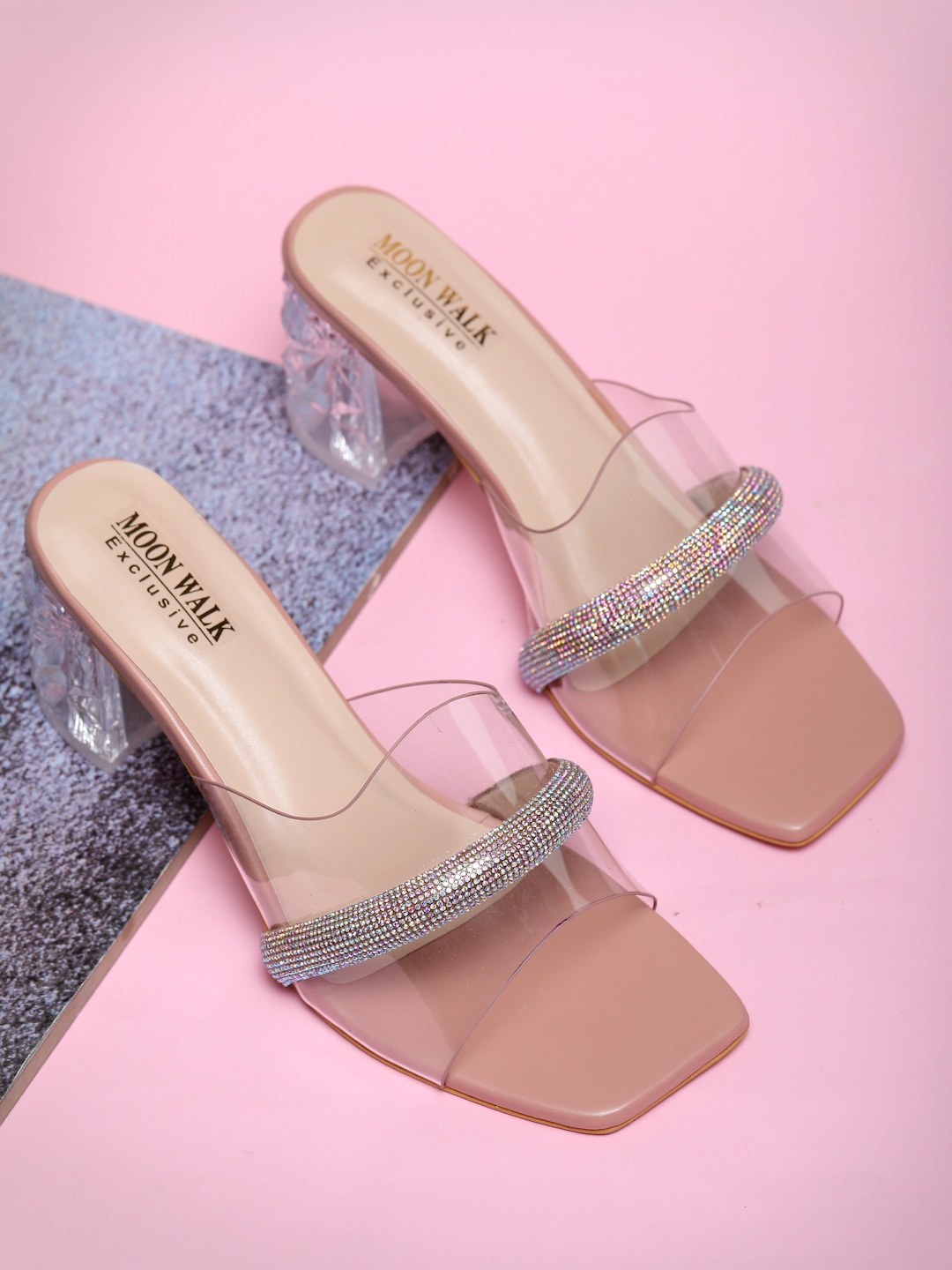 

Moonwalk Embellished Open Toe Block Heels, Peach