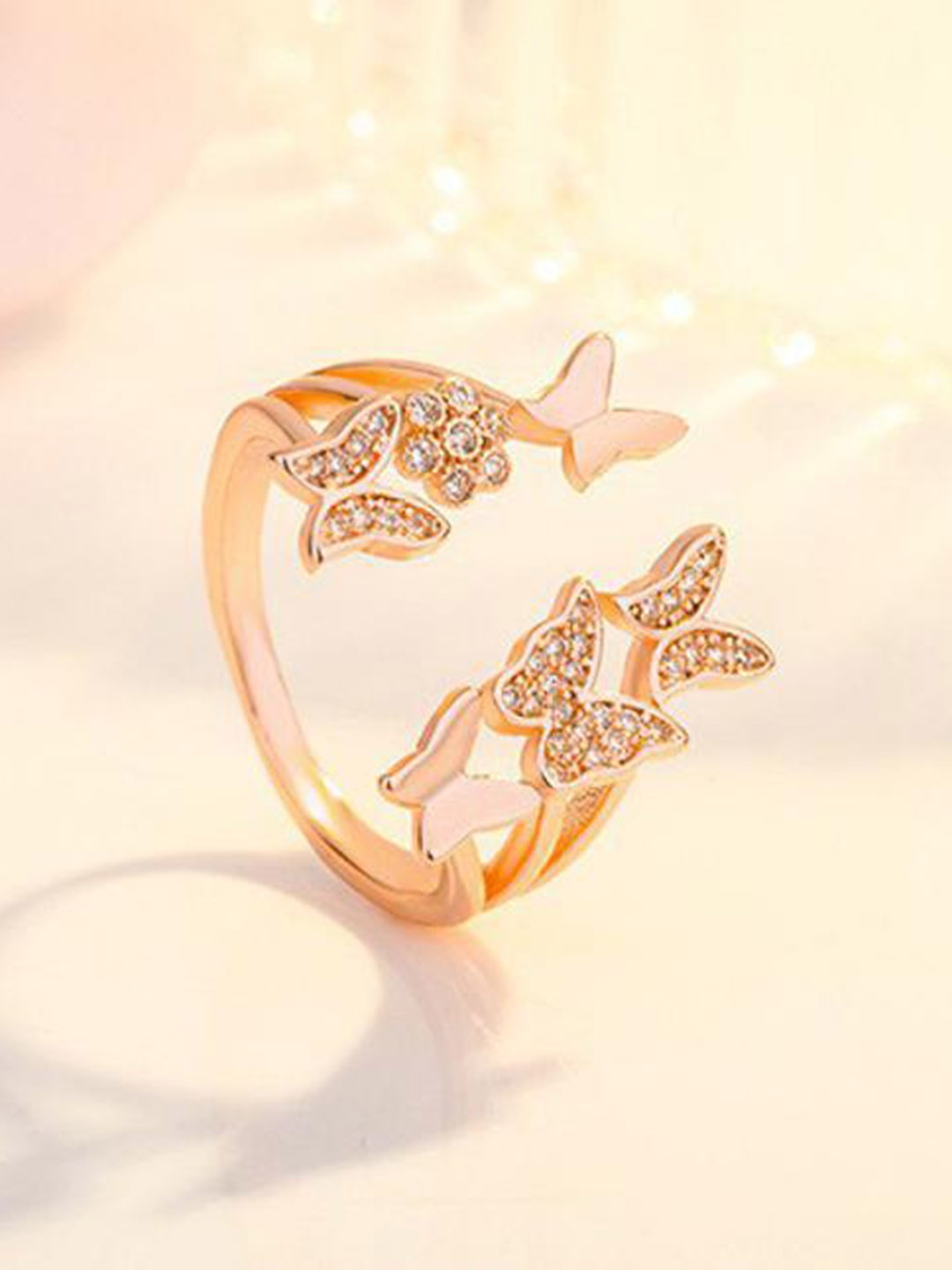 

MYKI Rose Women Gold-Plated & CZ Stone-Studded Butterfly Shaped Adjustable Finger Ring, Rose gold