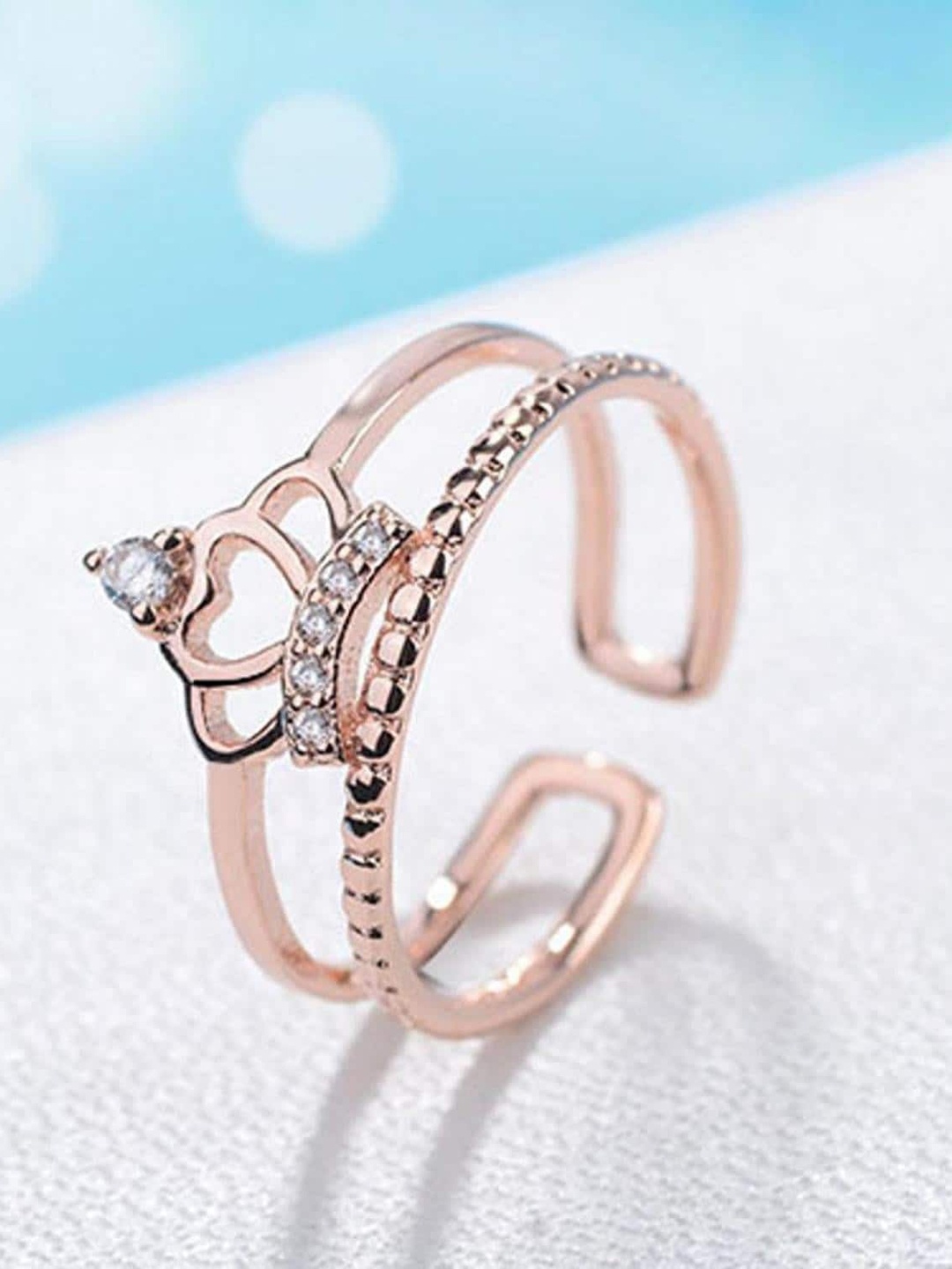 

MYKI Rose Women Gold-Plated CZ-Studded Princess Crown Design Finger Ring, Rose gold