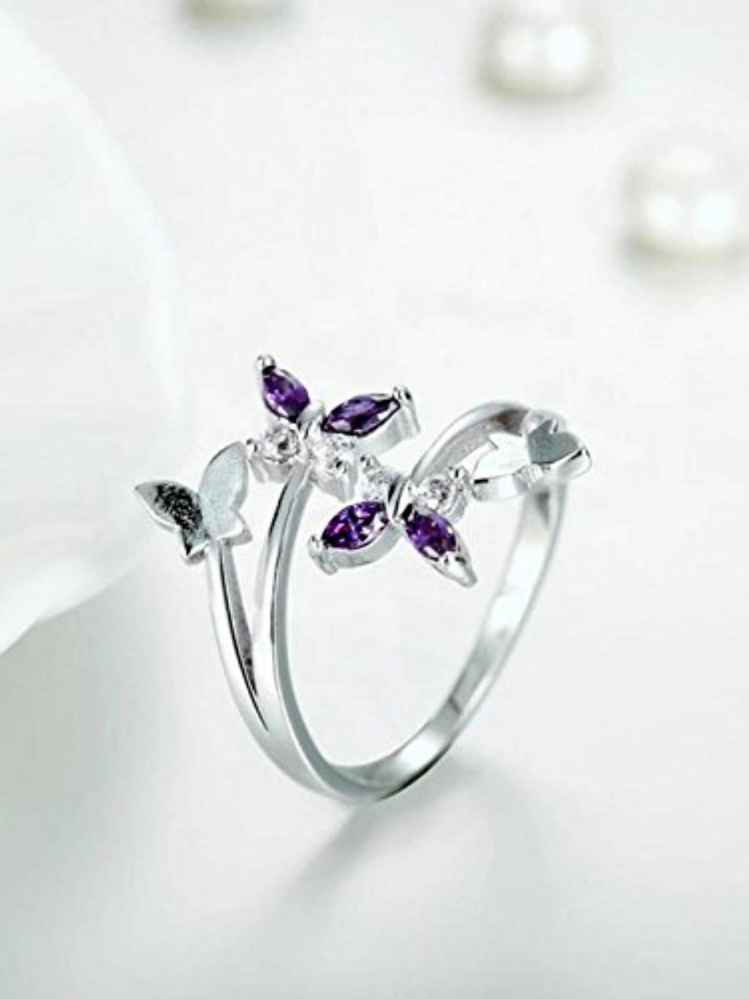 

MYKI Silver-Plated & CZ Stone-Studded Butterfly Shaped Finger Ring