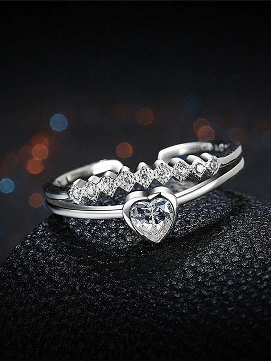 

MYKI Silver-Plated CZ-Studded Heart Shape Finger Ring