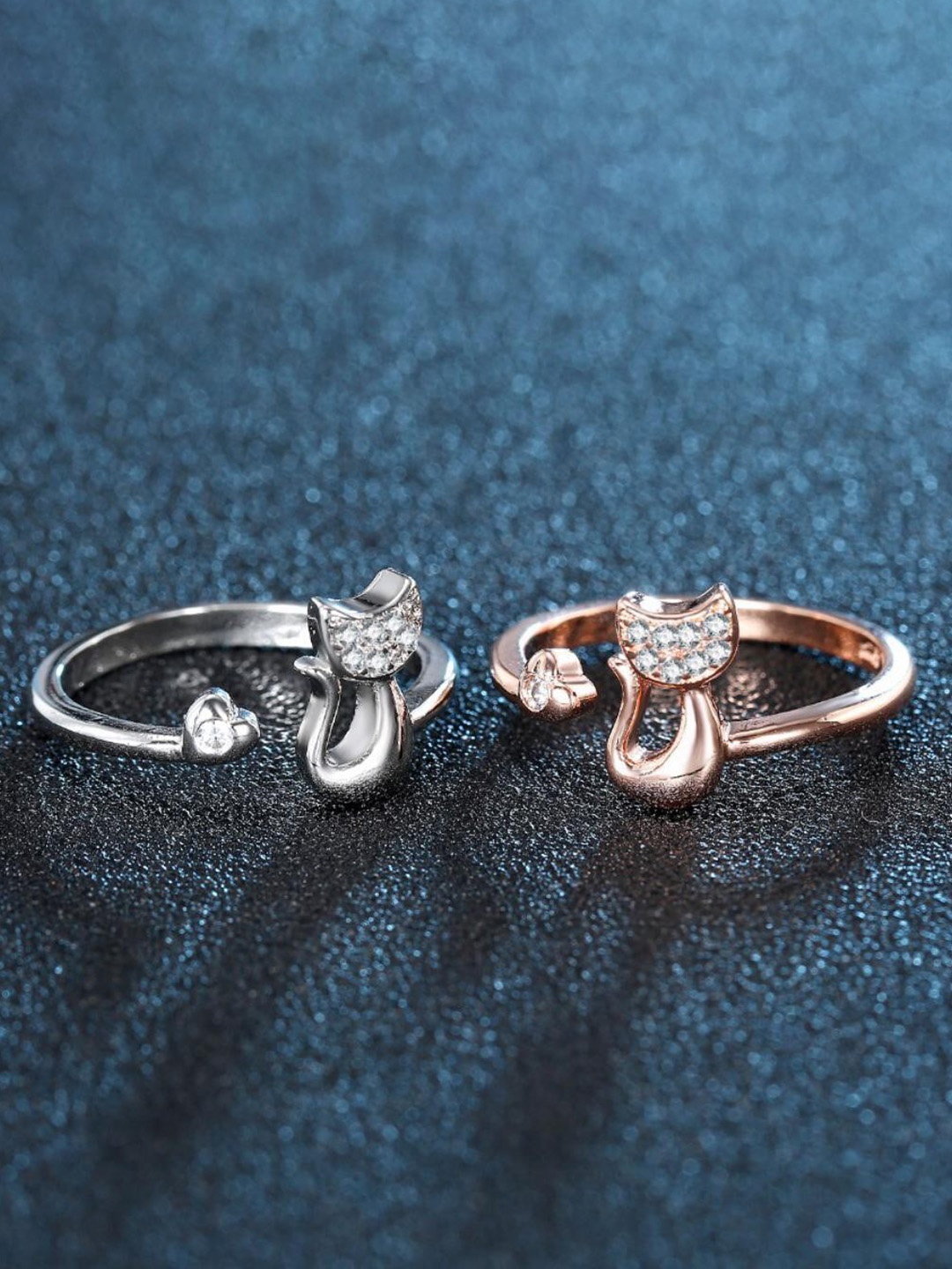 

MYKI Set Of 2 Rose Gold-Plated & CZ Stone-Studded Cat Shaped Adjustable Finger Ring