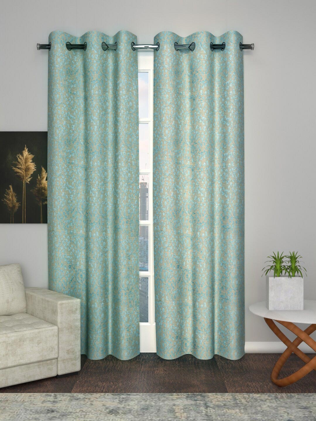 

Soumya Turquoise Blue & Beige Floral Room Darkening Door Curtain