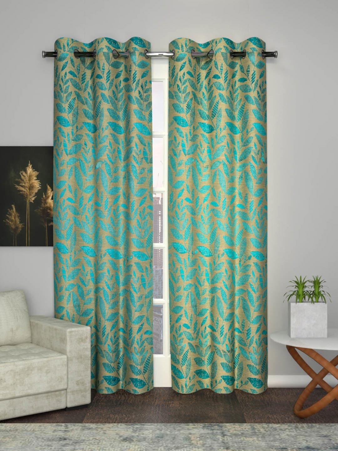 

Soumya Teal & Gold-Toned Floral Room Darkening Door Curtain