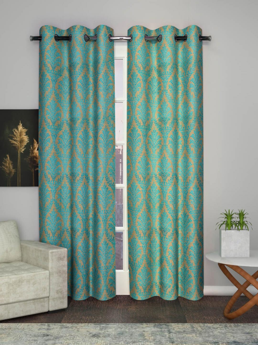 

Soumya Green & Blue Floral Room Darkening Long Door Curtain