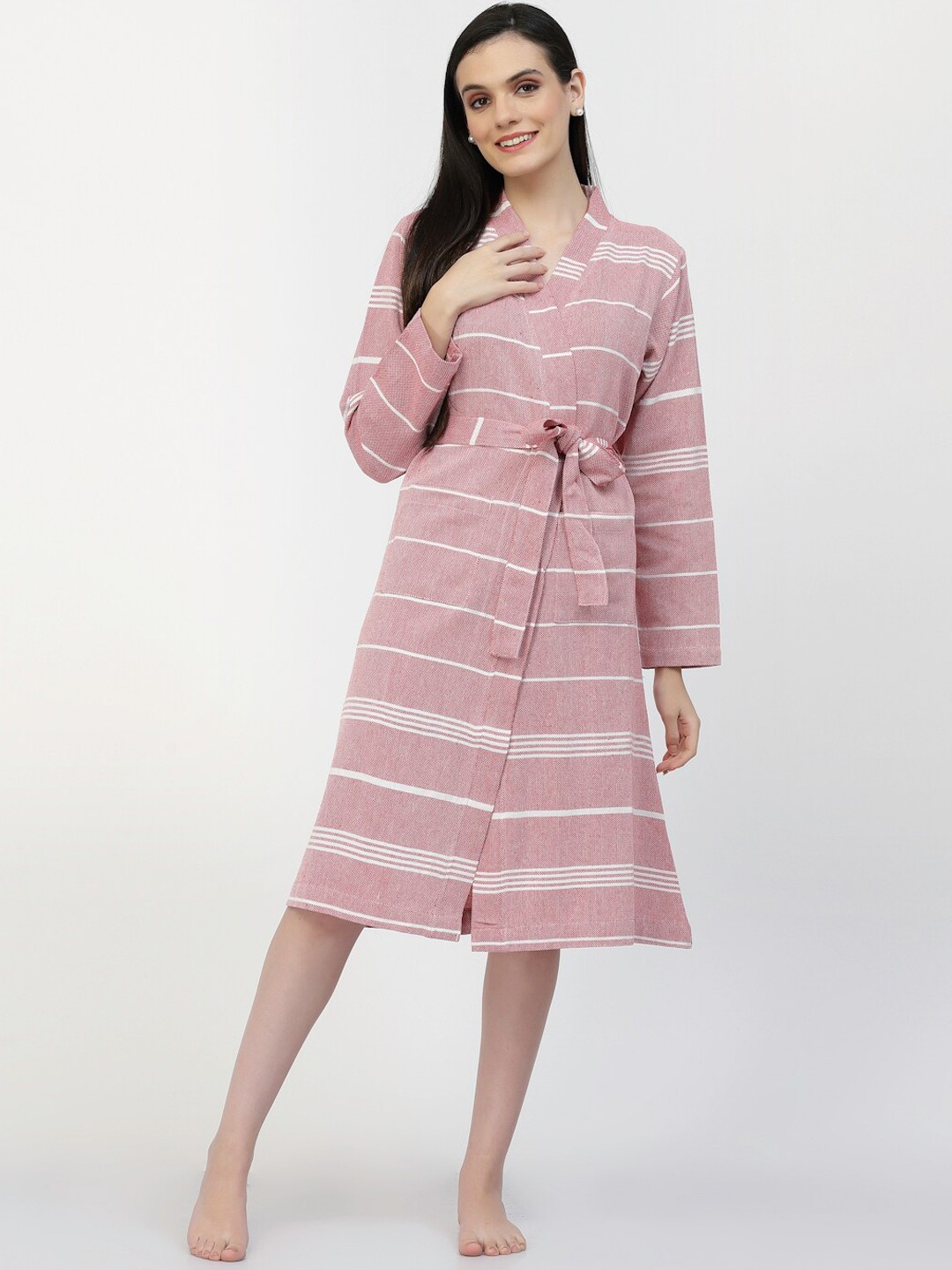 

KLOTTHE Women Striped Cotton Bath Robe, Red