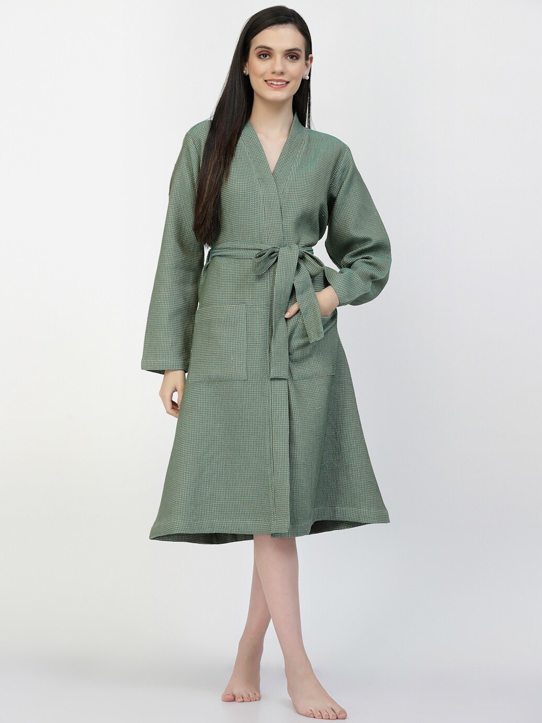 

KLOTTHE Women Checked Cotton Bath Robe, Green
