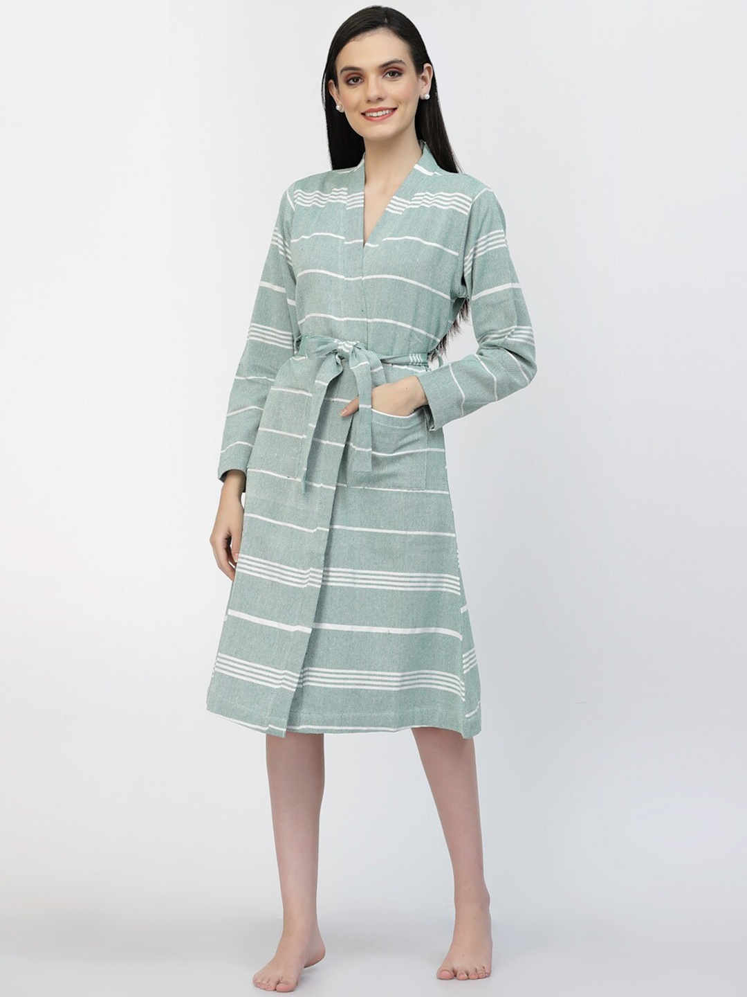 

KLOTTHE Women Striped Cotton Bath Robe, Green