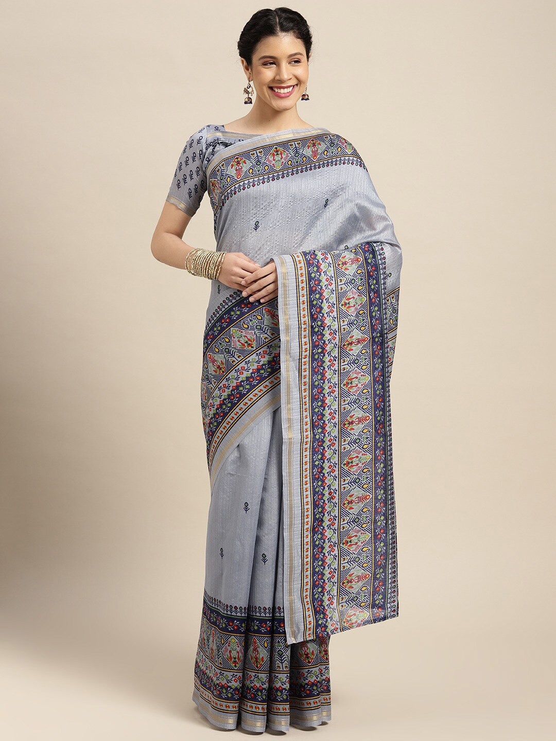 

Shaily Floral Printed Zari Saree, Grey