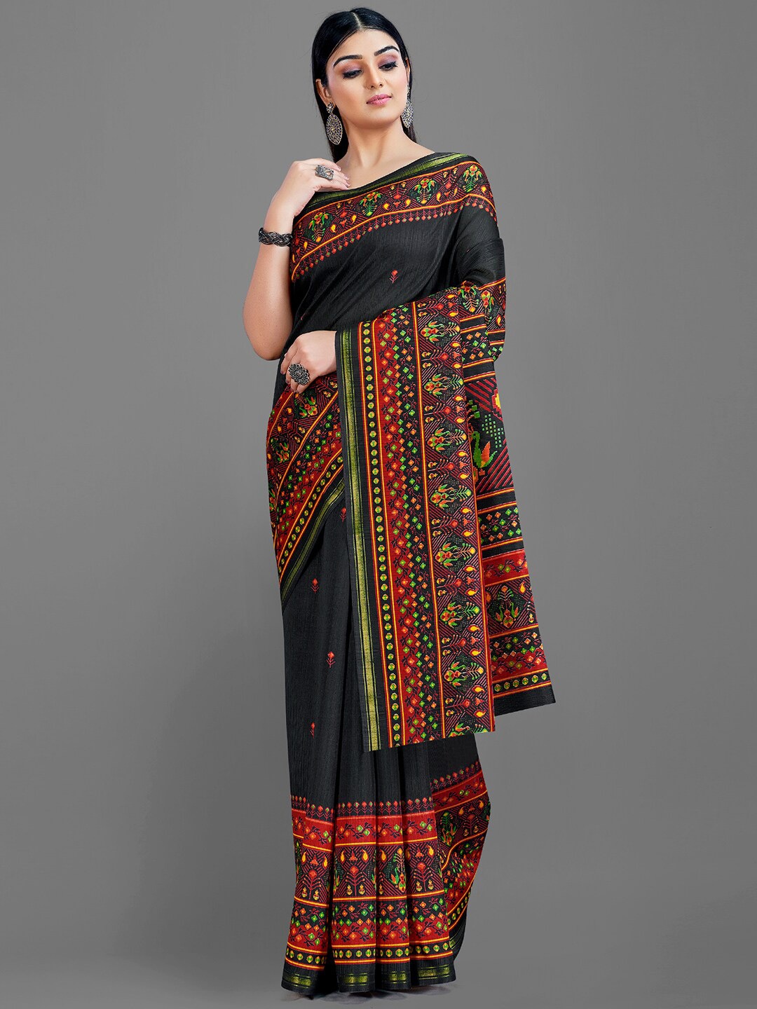 

Shaily Black & Red Ethnic Motifs Printed Zari Saree