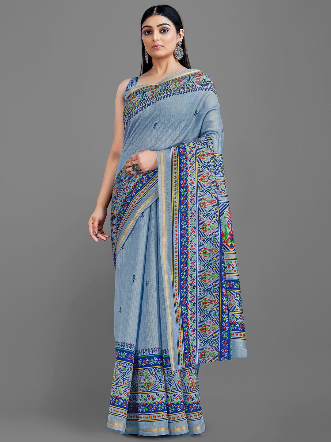 

Shaily Blue & Green Floral Printed Zari Saree