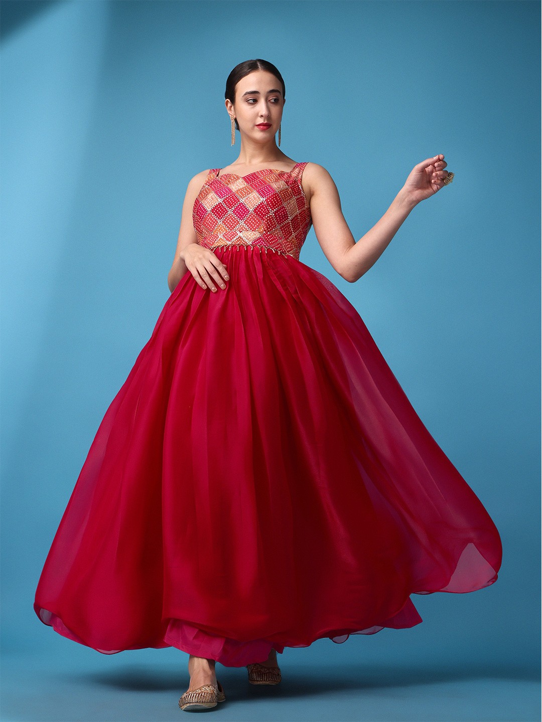

ASPORA Sweetheart Neck Embellished Belted Fit and Flare Maxi Dress, Fuchsia