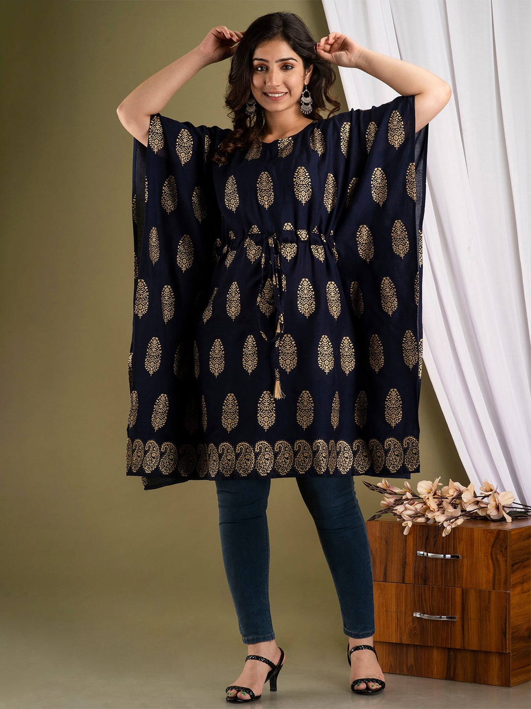 

Mialo fashion Ethnic Motifs Printed Kimono Sleeves Kaftan Kurti, Navy blue