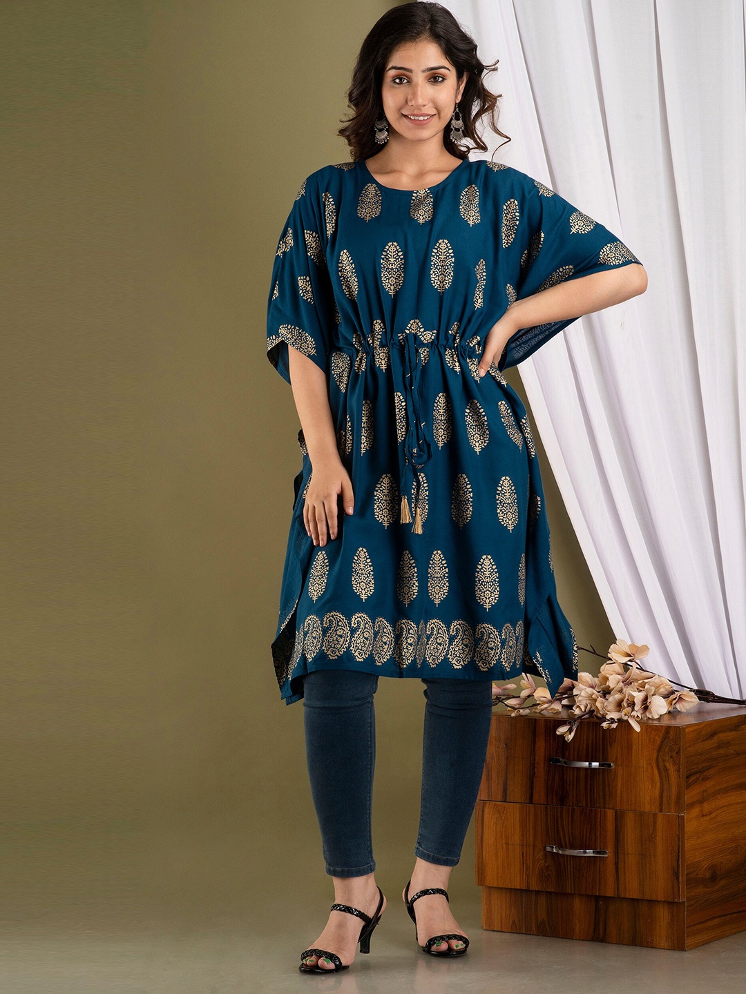 

Mialo fashion Ethnic Motifs Foil Printed Kaftan Kurti, Navy blue
