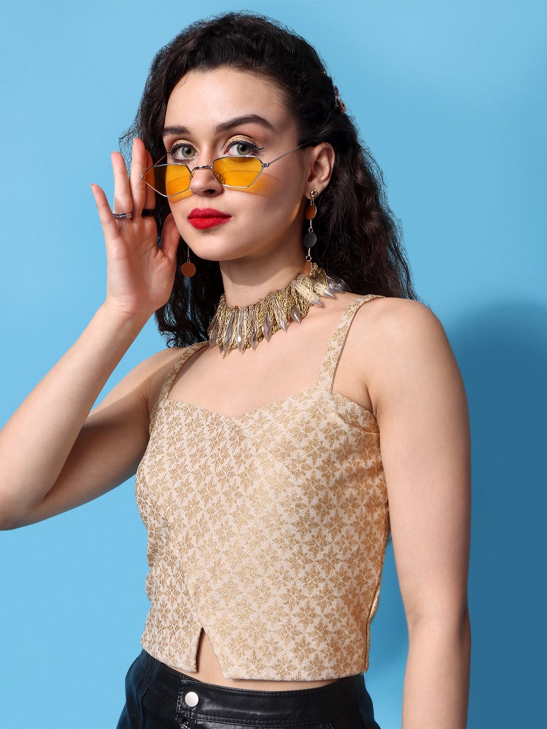 

PURVAJA Floral Printed Shoulder Straps Cut Out Fitted Crop Top, Gold