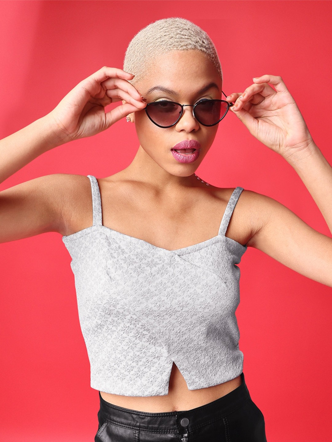 

PURVAJA Self Design Shoulder Straps Cut Out Fitted Crop Top, Silver