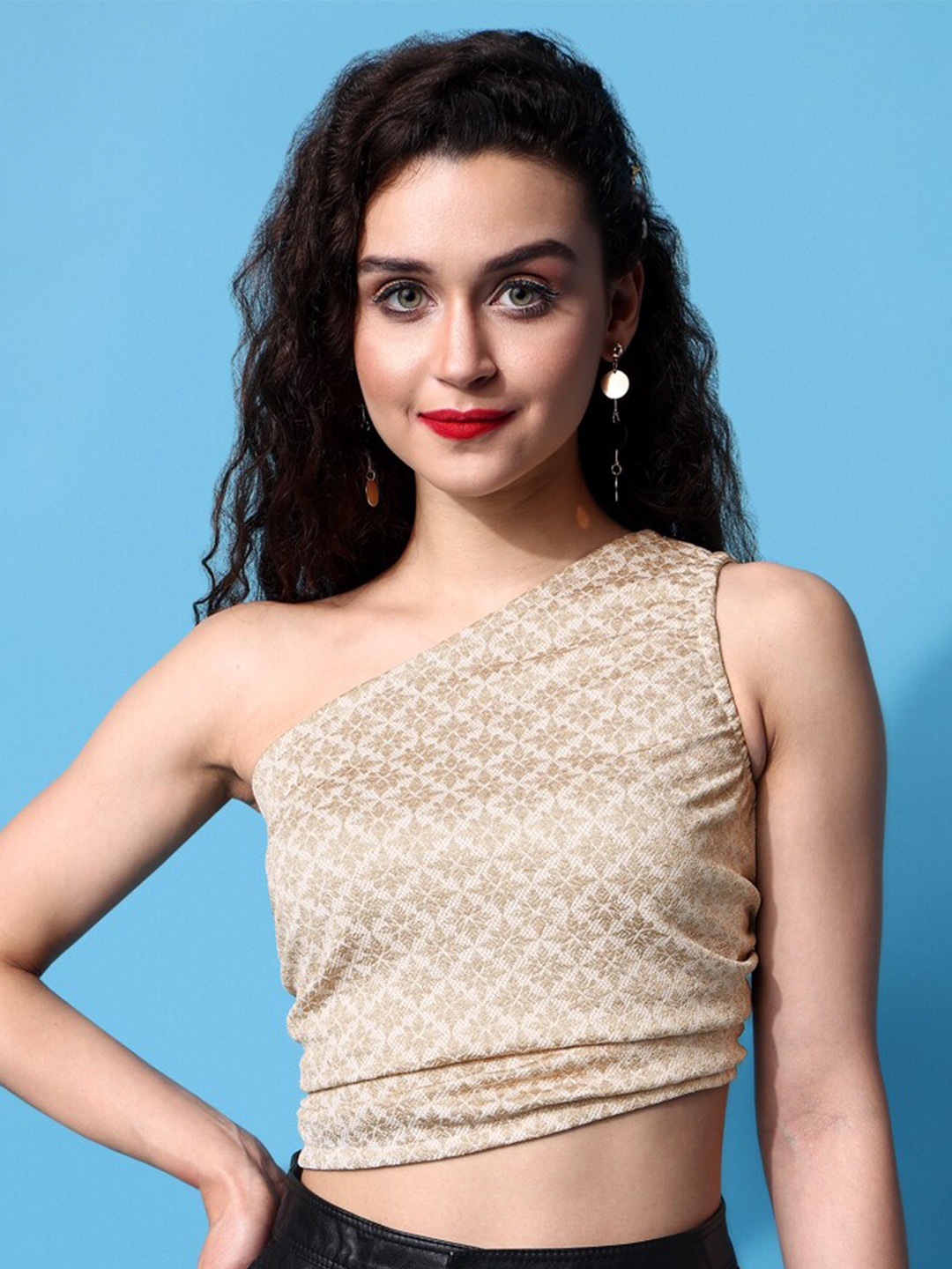 

PURVAJA Self Design One Shoulder Ruched Crop Top, Gold