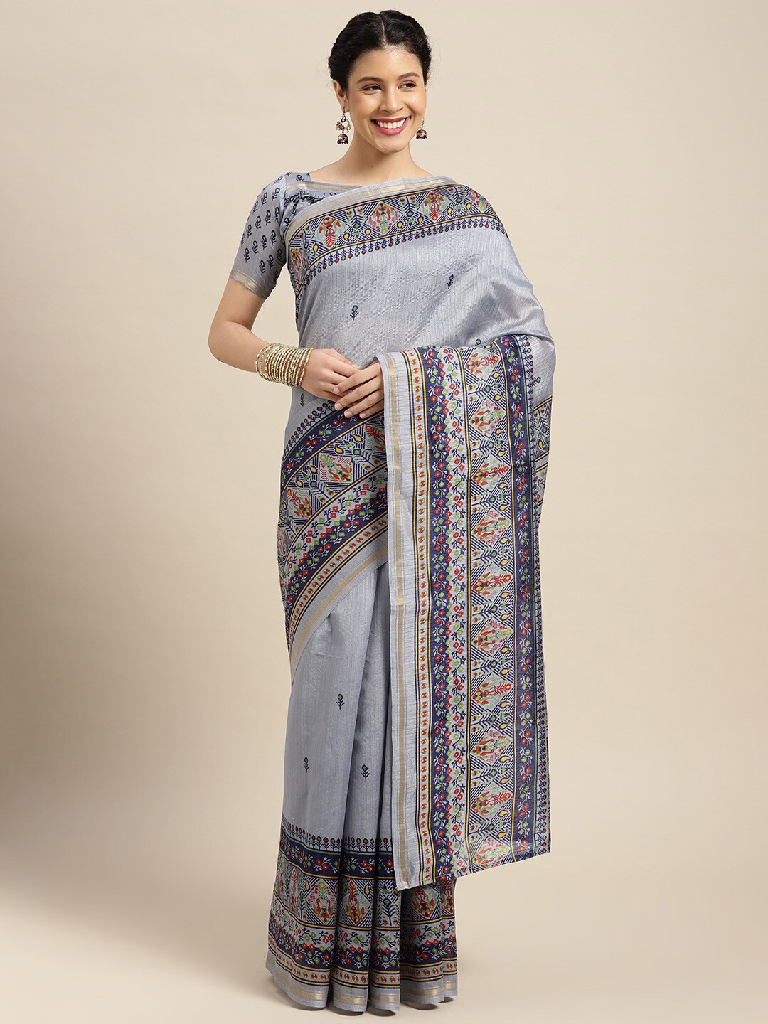 

KALINI Ethnic Motifs Zari Saree, Grey