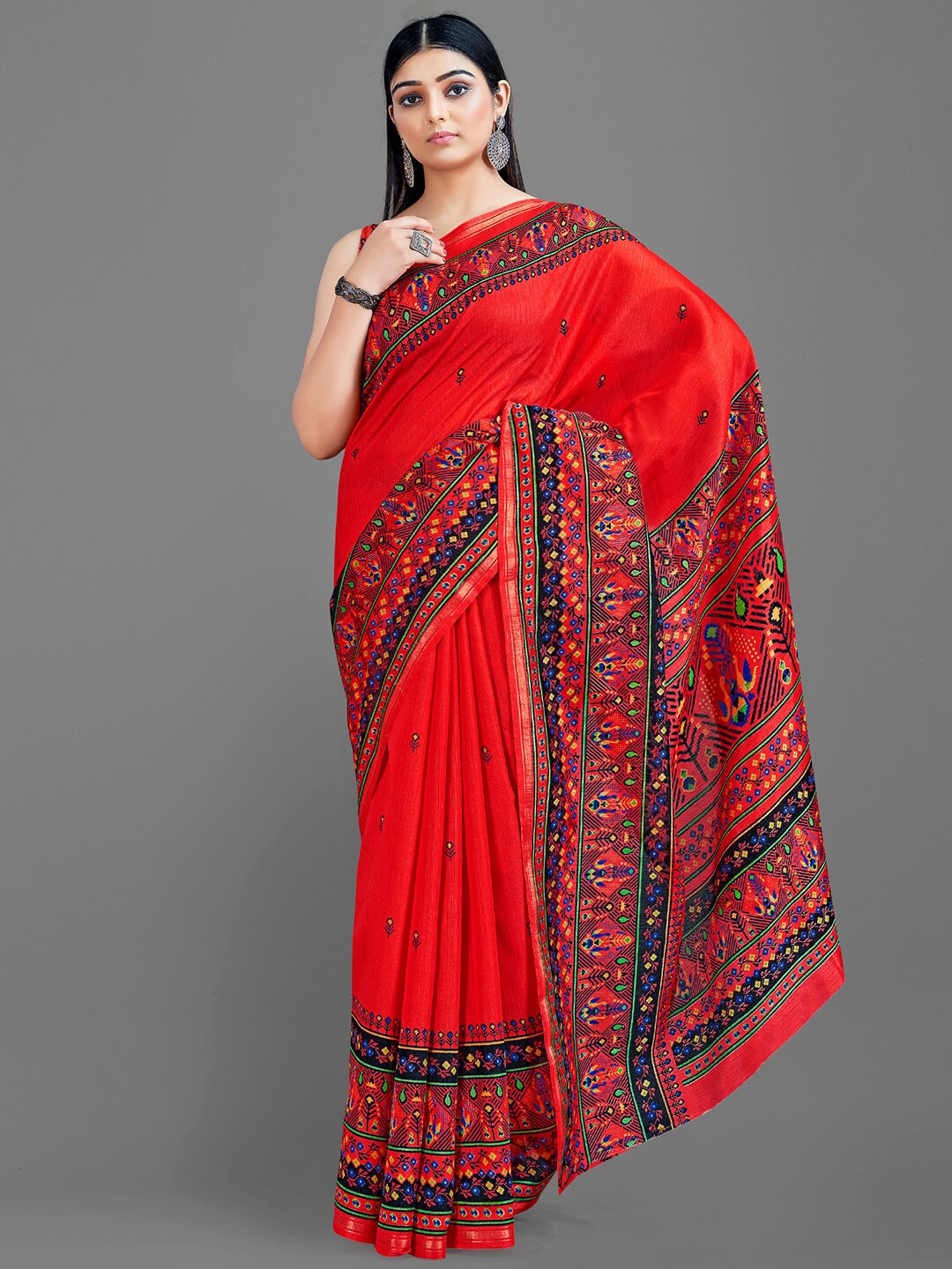 

KALINI Ethnic Motifs Printed Zari Saree, Red