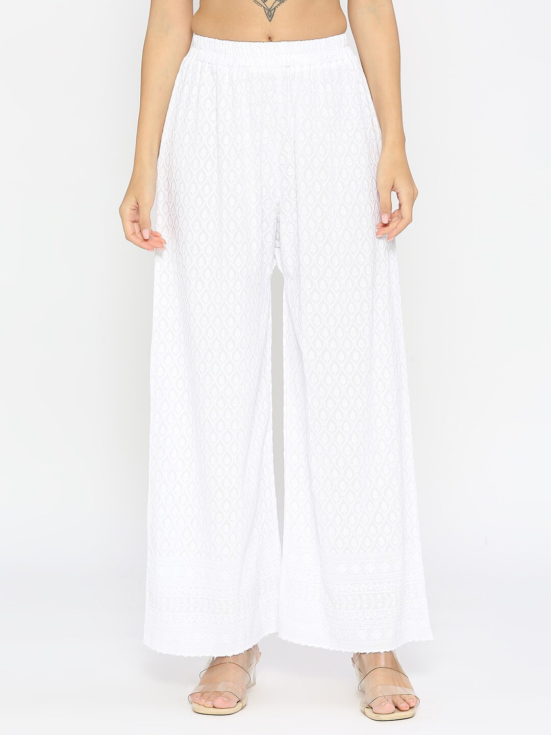 

ZRI Women Floral Embroidered Ethnic Palazzos, White