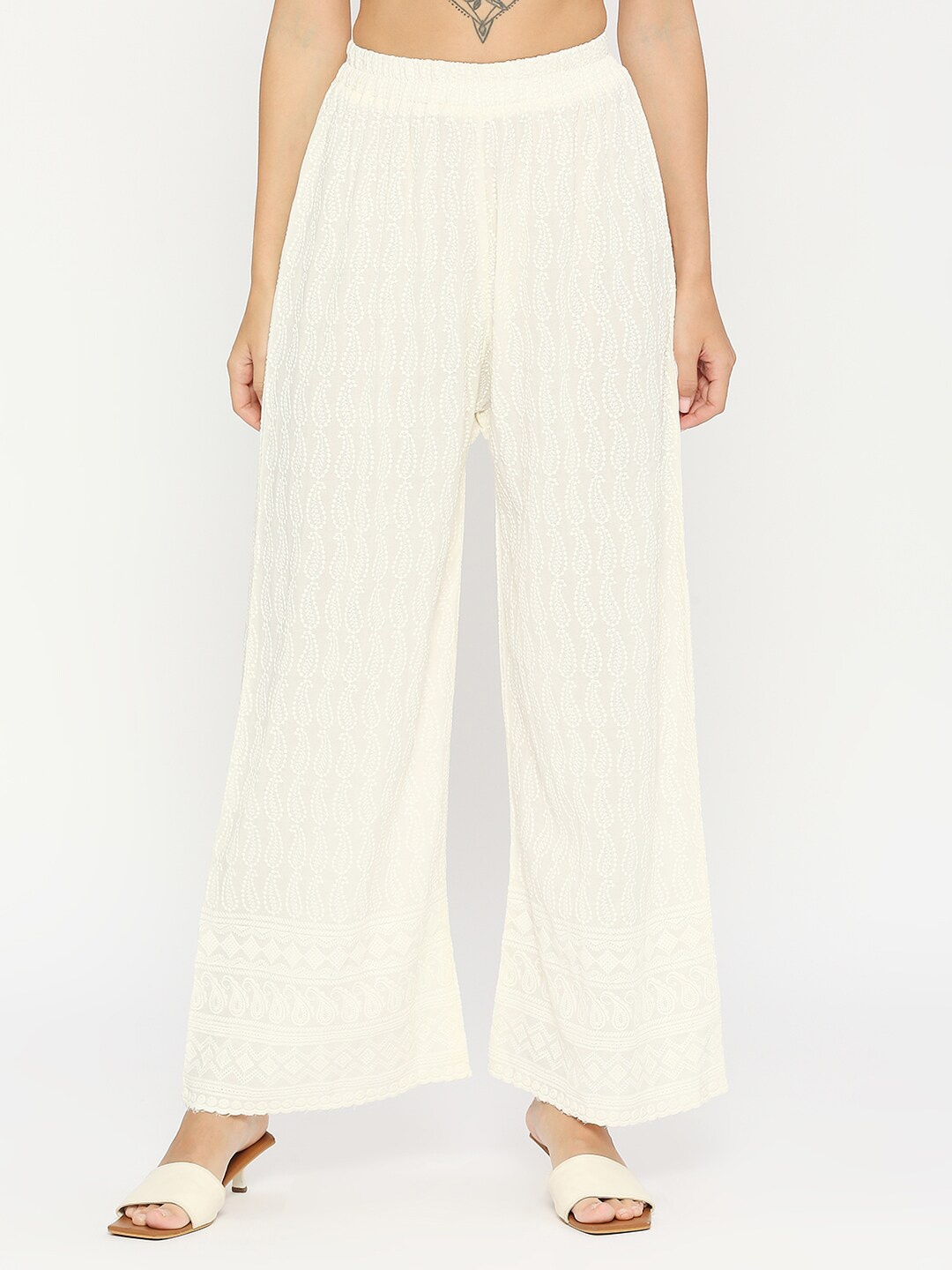 

ZRI Women Paisley Embroidered Palazzos, Cream