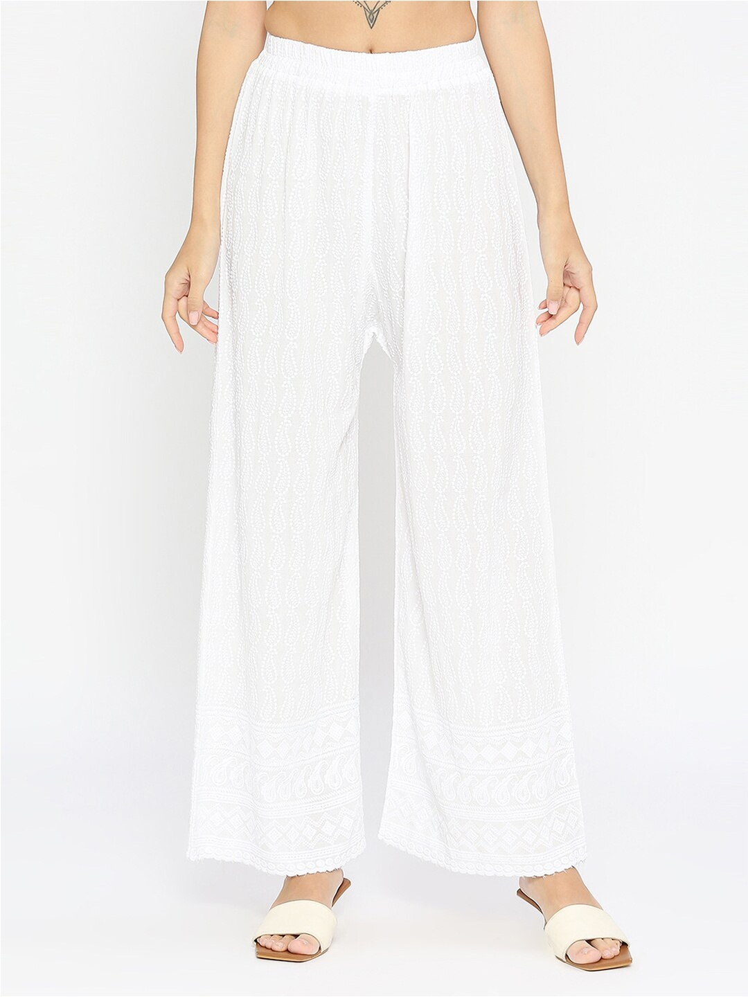 

ZRI Women Paisley Embroidered Ethnic Palazzos, White