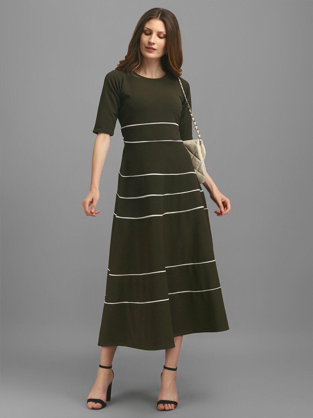 

PURVAJA Striped Round Neck A-Line Midi Dress, Olive