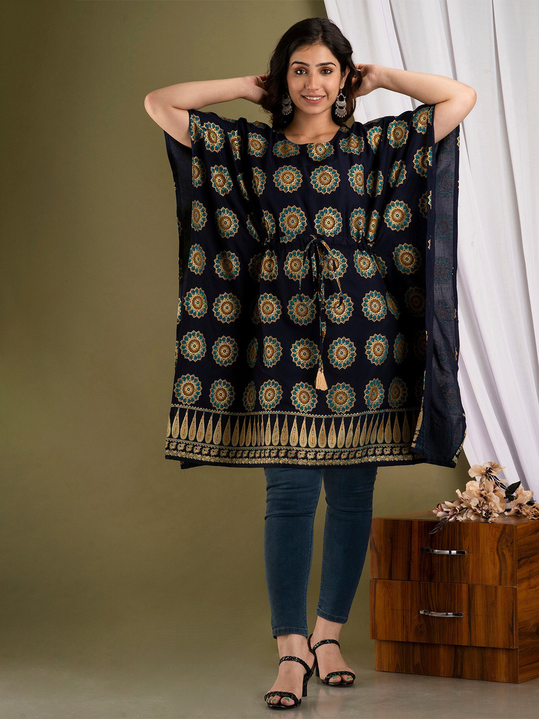 

Mialo fashion Ethnic Motifs Printed Kimono Sleeves Kaftan Kurti, Navy blue