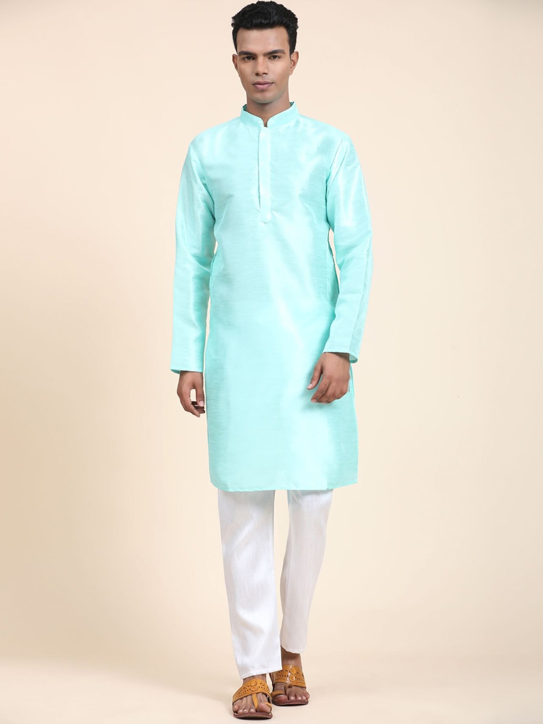 

Phenav Mandarin Collar Straight Dupion Silk Kurta, Turquoise blue