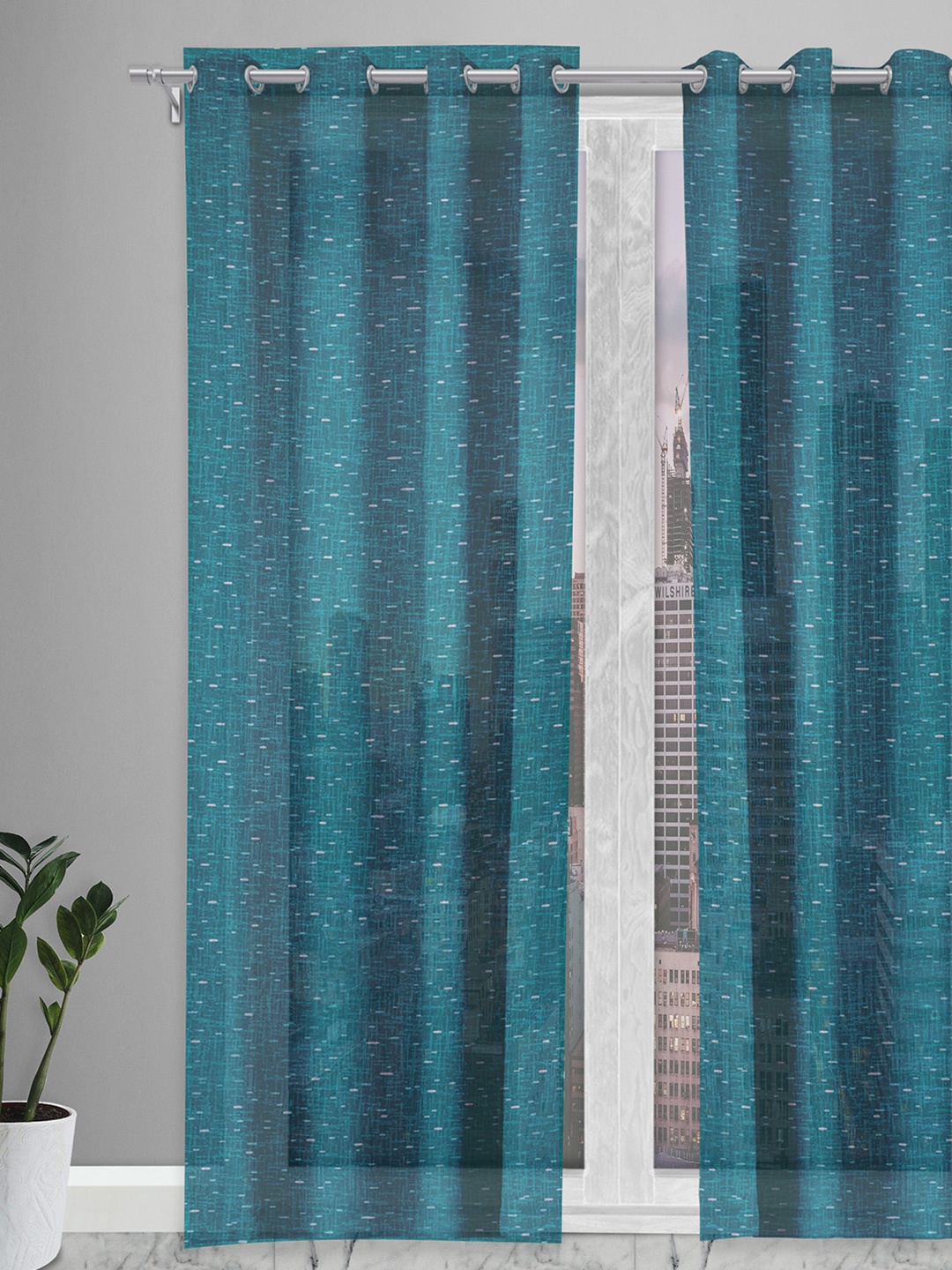 

Soumya Turquoise Blue & White Sheer Long Door Curtain