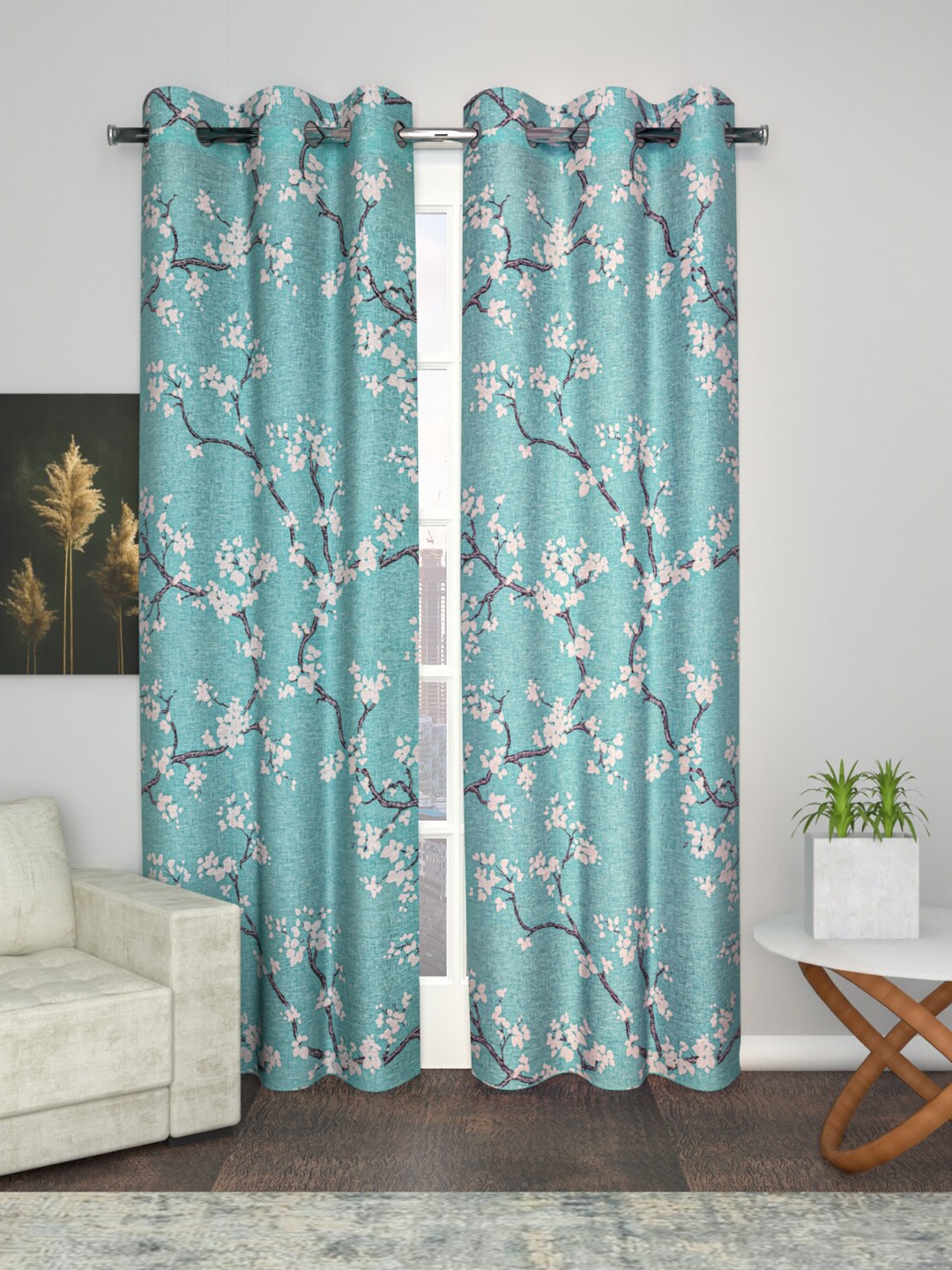 

Soumya Turquoise Blue & White Floral Sheer Long Door Curtain