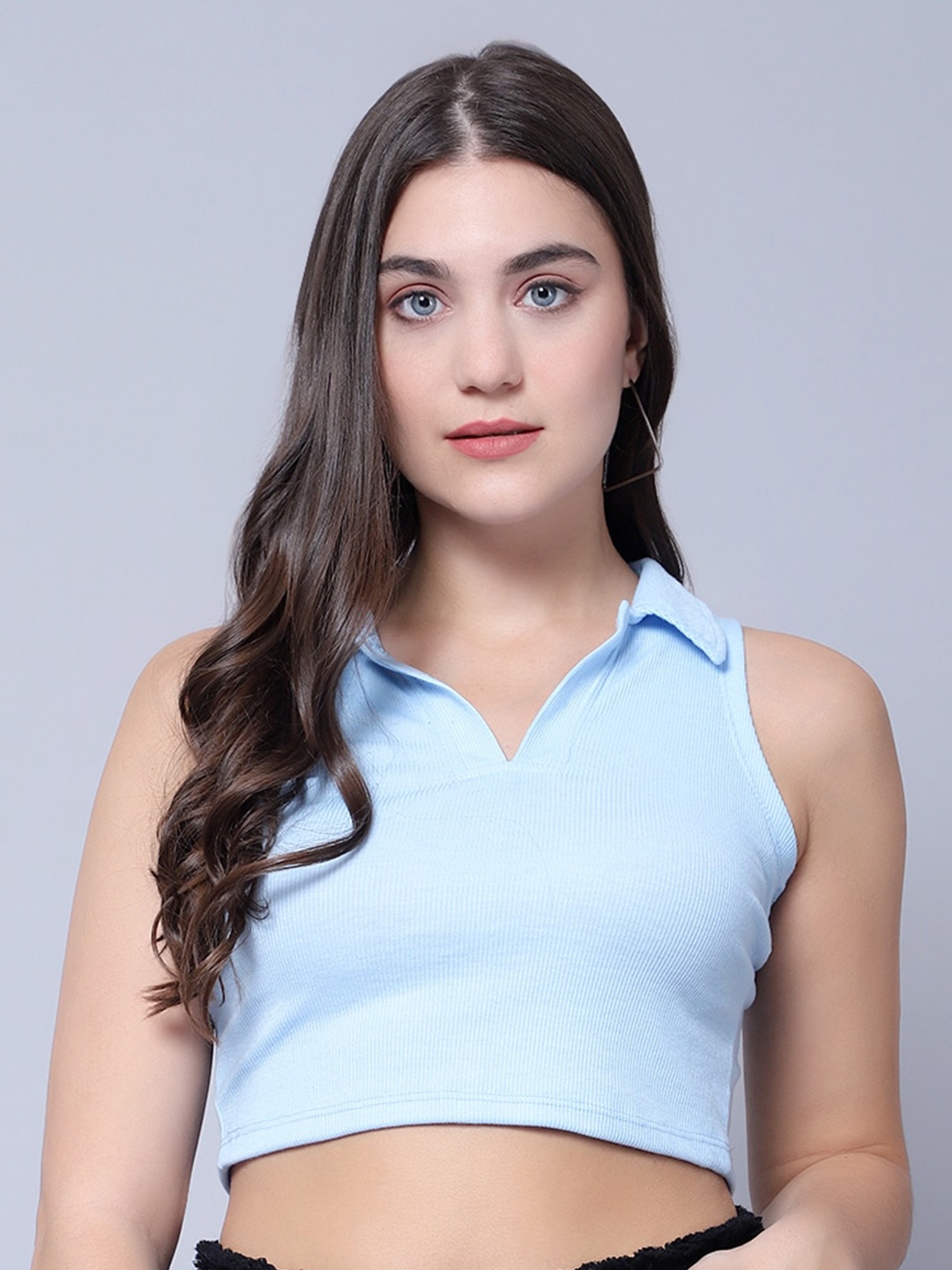 

DIAZ Shirt Collar Fitted Crop Top, Blue