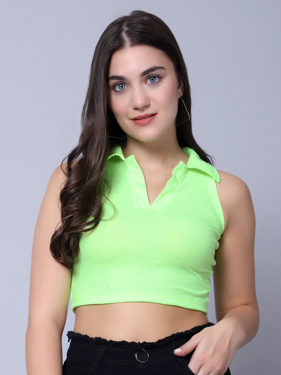 

DIAZ Sleeveless Polo Crop Fitted Top, Green