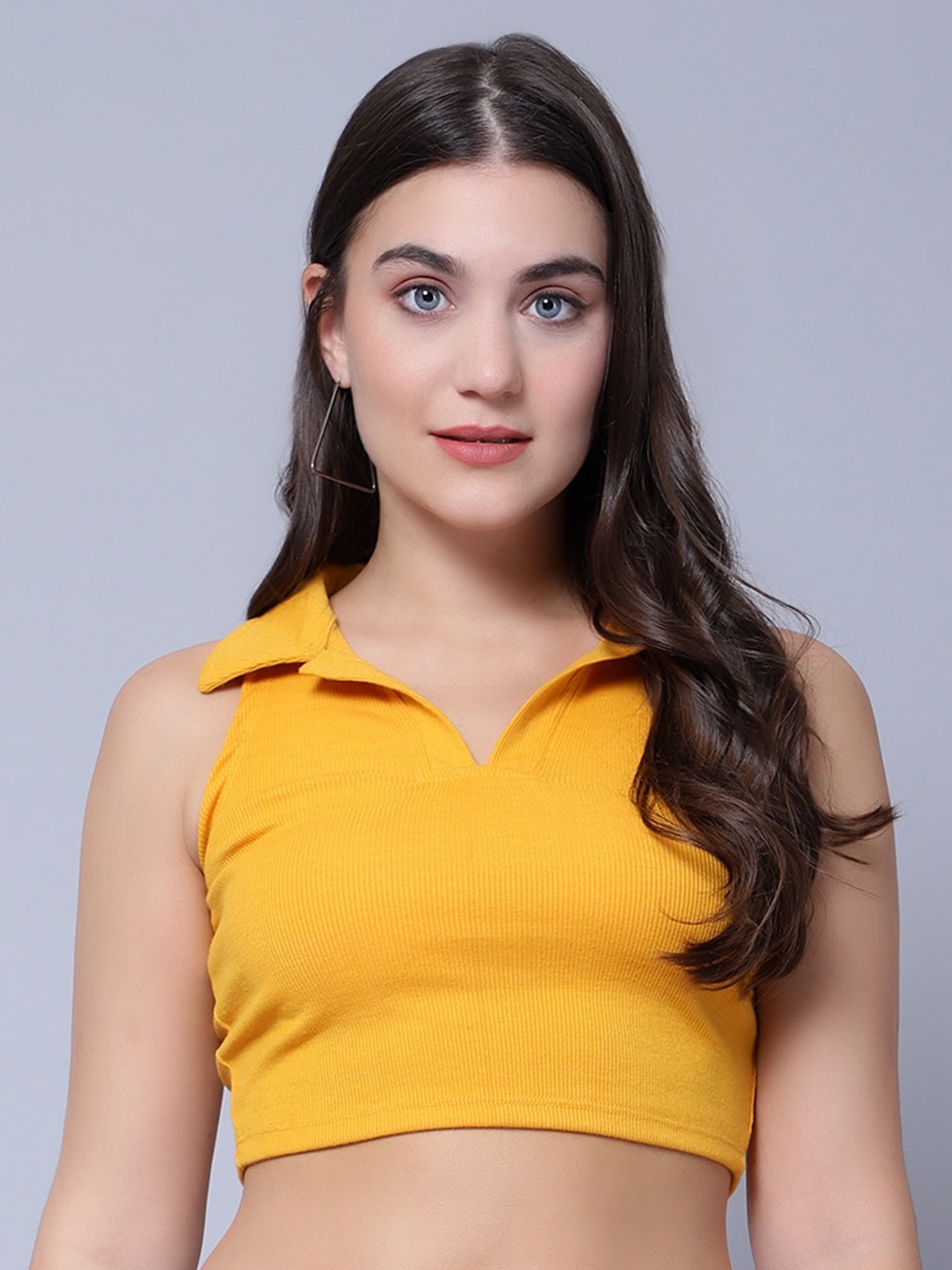 

DIAZ Shirt Collar Sleeveless Crop Fitted Top, Yellow