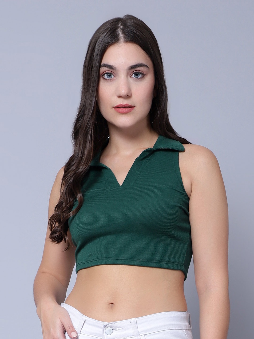 

DIAZ Green Shirt Collar Sleeveless Fitted Crop Top