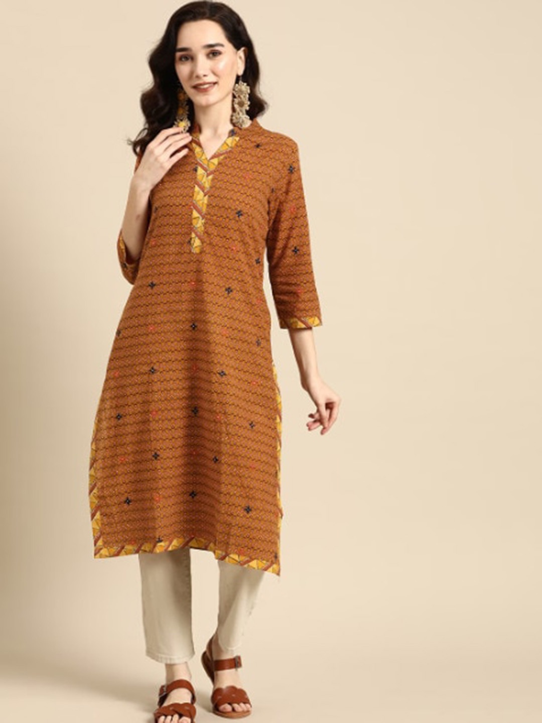 Sangria Mustard Ethnic Motifs Printed Mirror Work Kurta
