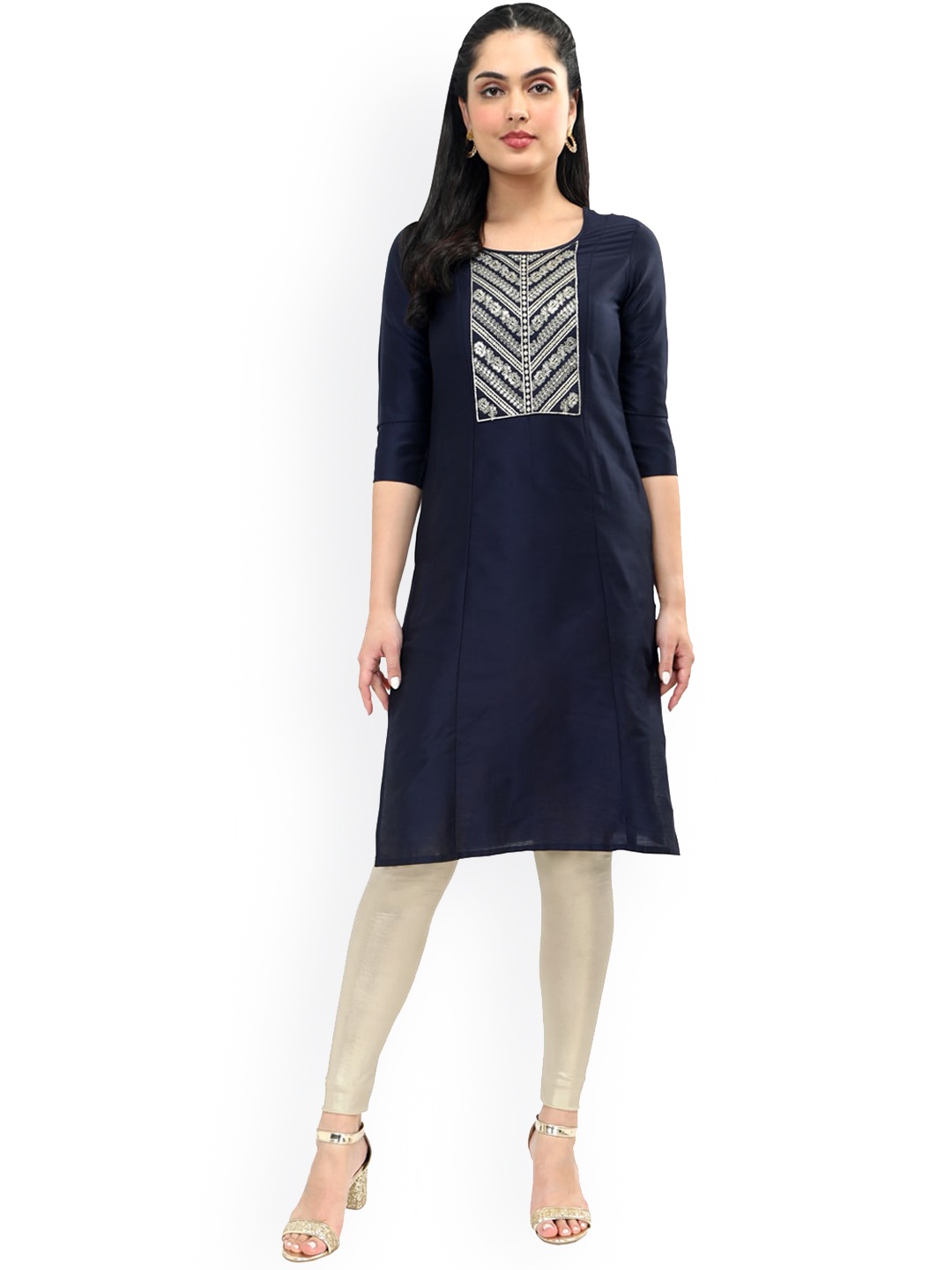 

Sangria Navy Blue Ethnic Motifs Yoke Design Sequinned Kurta