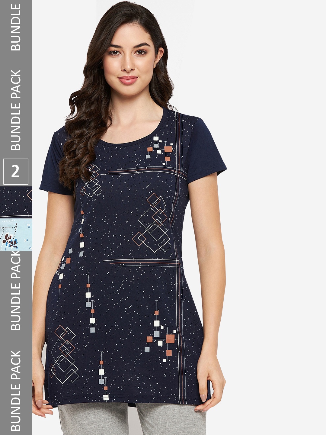 

VERO AMORE Women Plus Size Pack Of 2 Printed Pure Cotton Lounge T-Shirts, Navy blue