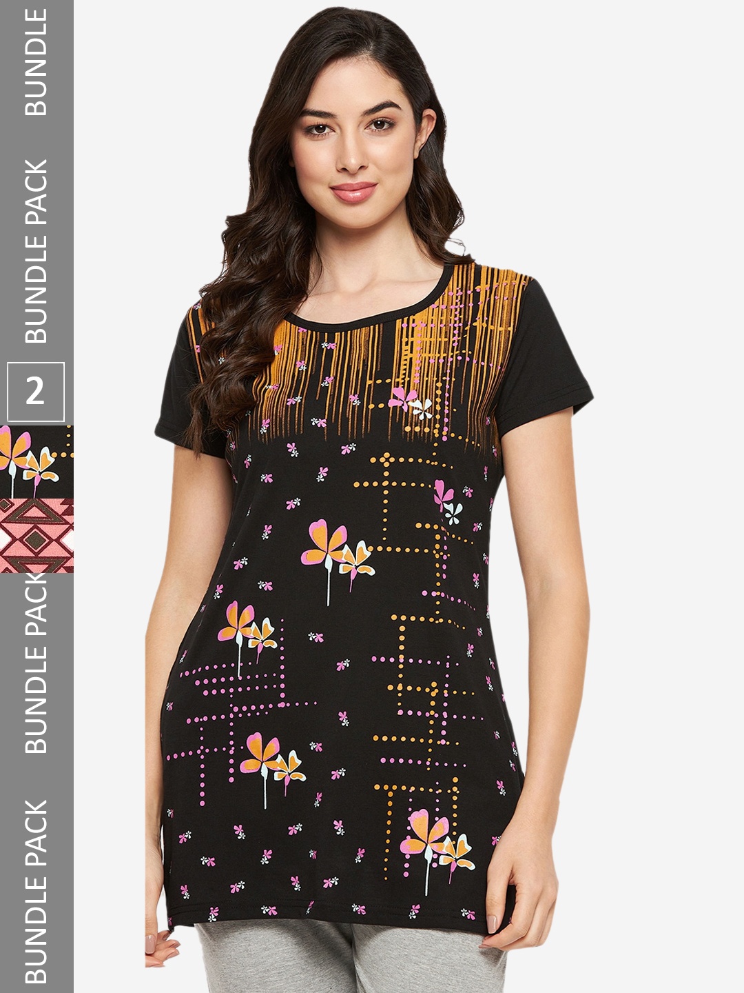 

VERO AMORE Pack Of 2 Printed Pure Cotton Lounge T-Shirts, Black