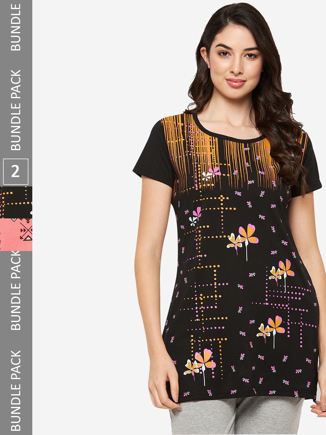 

VERO AMORE Women Pack Of 2 Printed Cotton Lounge T-Shirts, Black