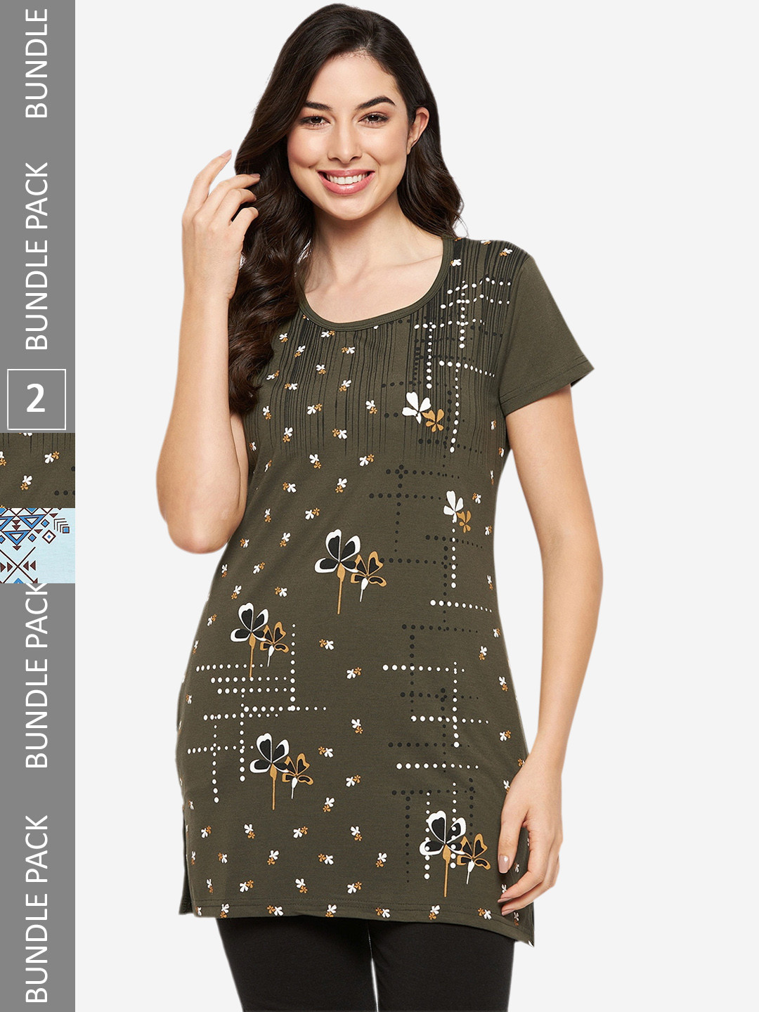 

VERO AMORE Pack Of 2 Printed Cotton Long Lounge T-Shirts, Olive