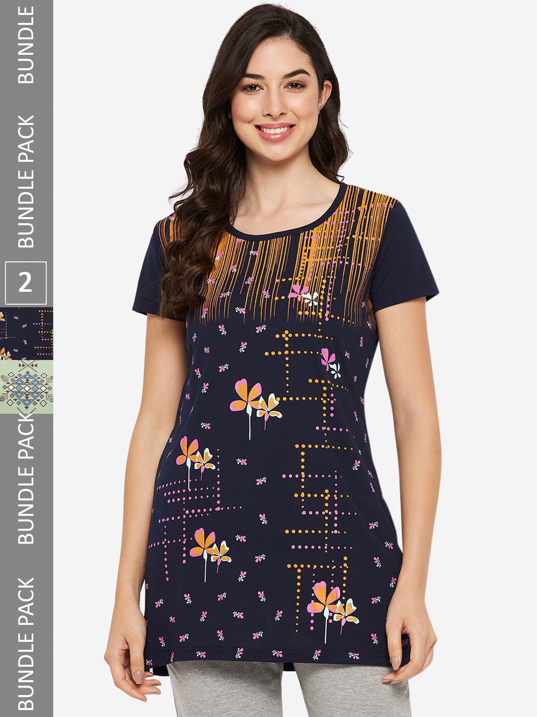 

VERO AMORE Women Plus Size Pack Of 2 Printed Cotton Lounge Tshirts, Navy blue